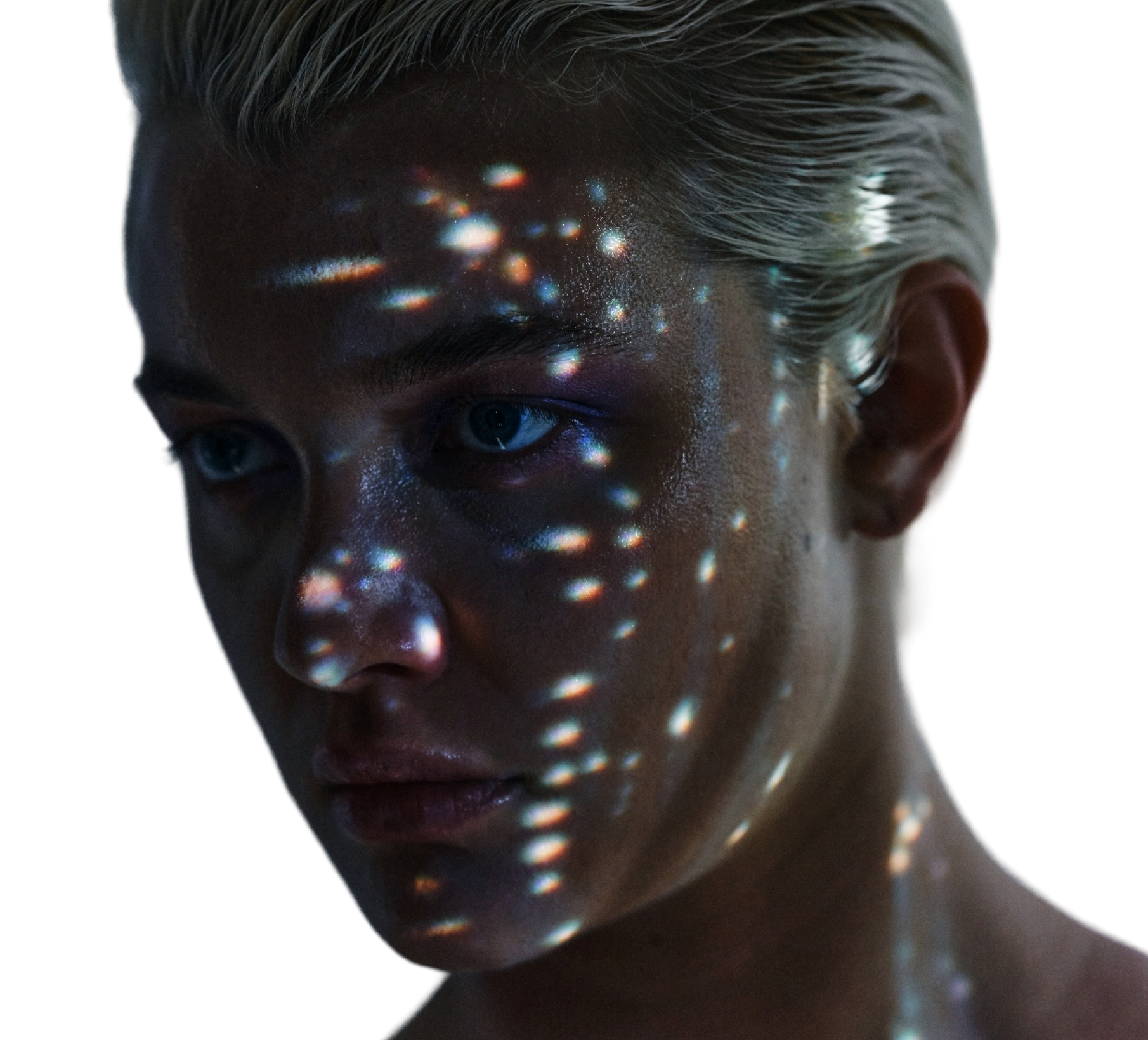 Illustrative portrait with light reflected across the skin